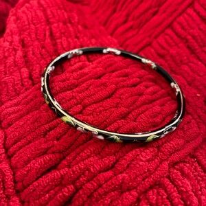Vintage black cloisonné enamel floral bangle bracelet